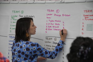 Lori Klivak from interfaith works takes notes during debrief