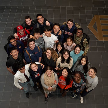 Looking from second floor down on diverse group of undergraduate students