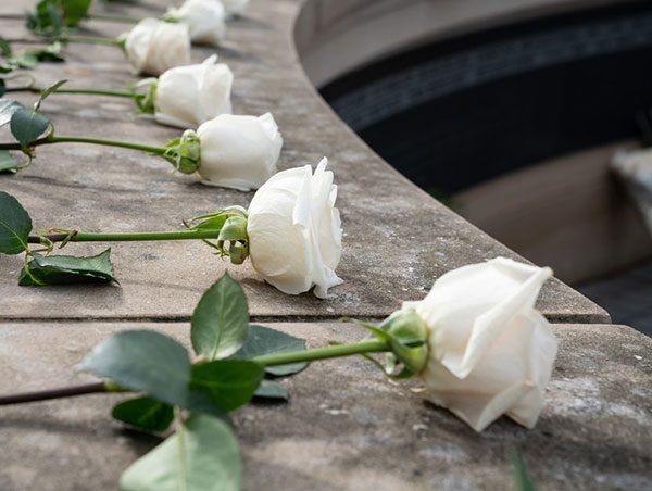 Remembrance flowers placed on the wall