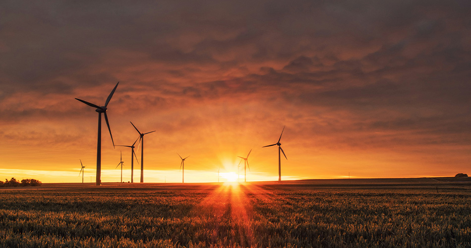 windmills with the sun setting behind them