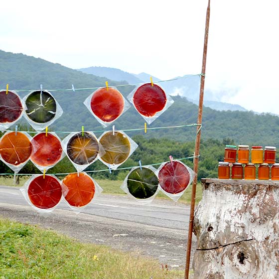 Azerbaijan roadside stand with mountains behind