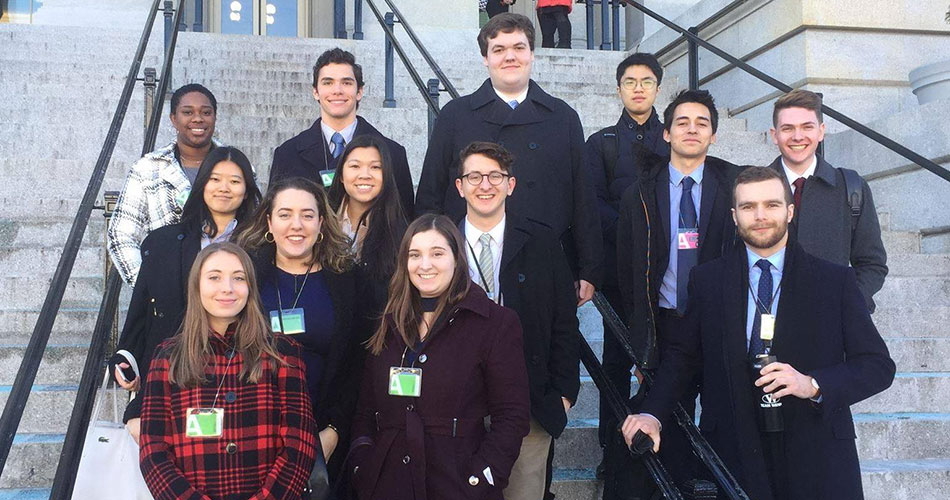 Students on a large building stairway